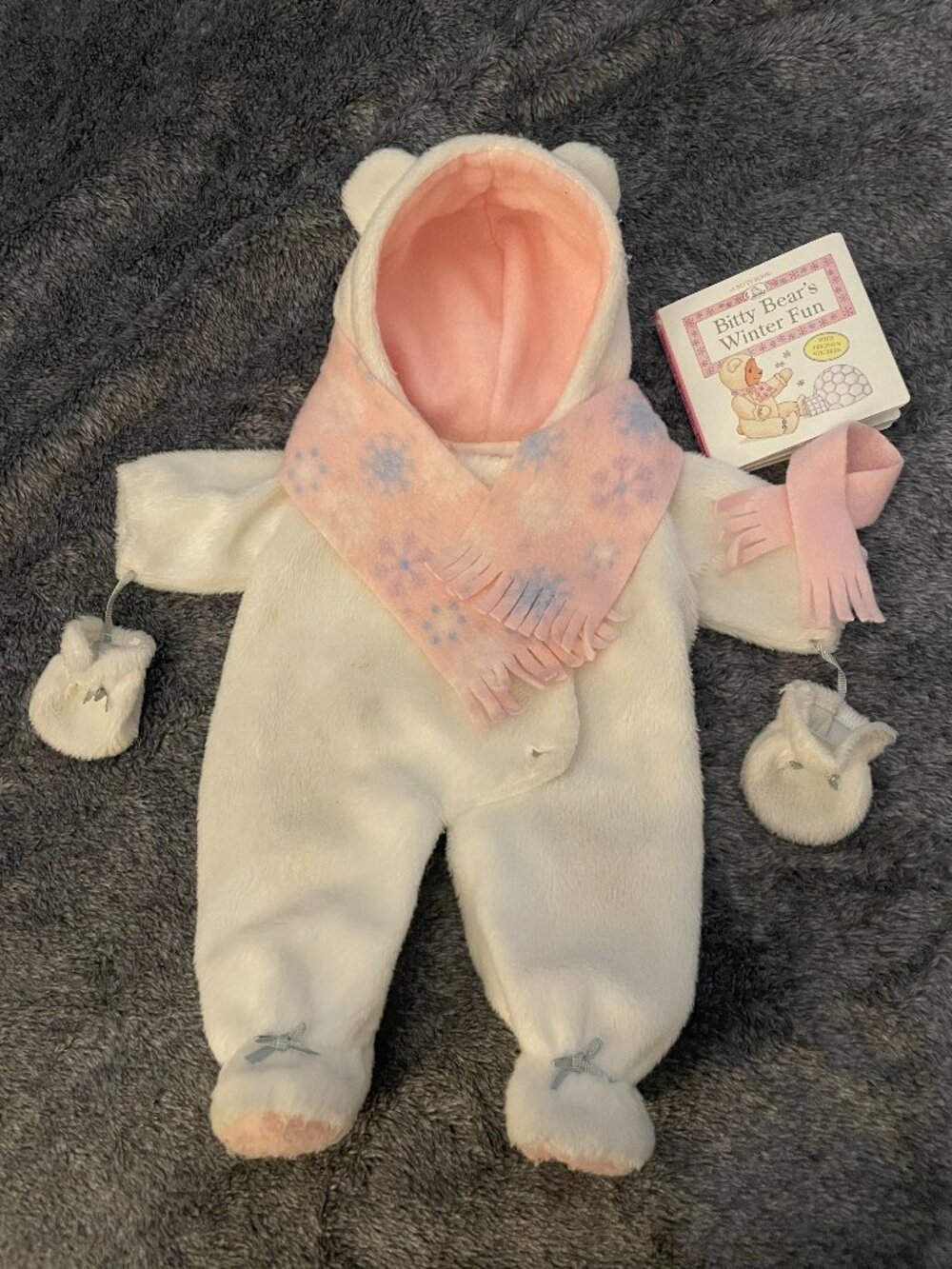 American Girl Bitty Baby Polar Bear Bunting Set - White Faux Fur with Pink Scarf